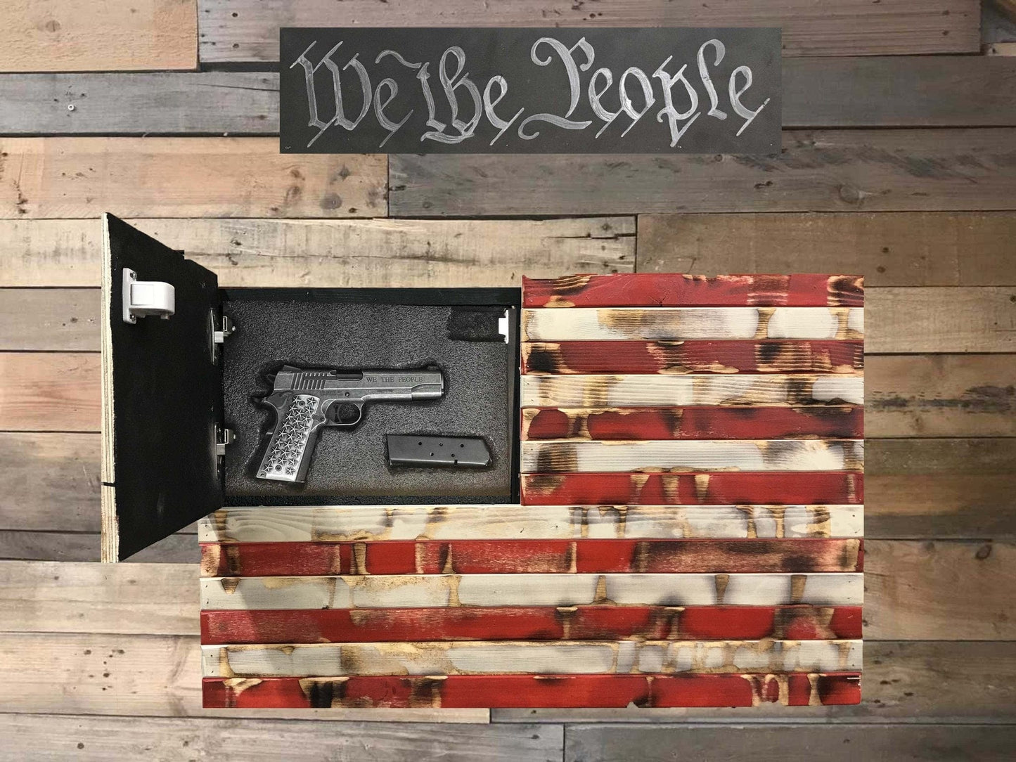 Small Distressed Red White and Blue Wall Mount Concealment Flag - Chunky Shelves wooden flag weapons concealment wall decor contains a secret compartment for gun storage. Our American flags are rustic home decor that look great in a man cave, office or anywhere you want to conceal your weapons. Protect Your Shelves!