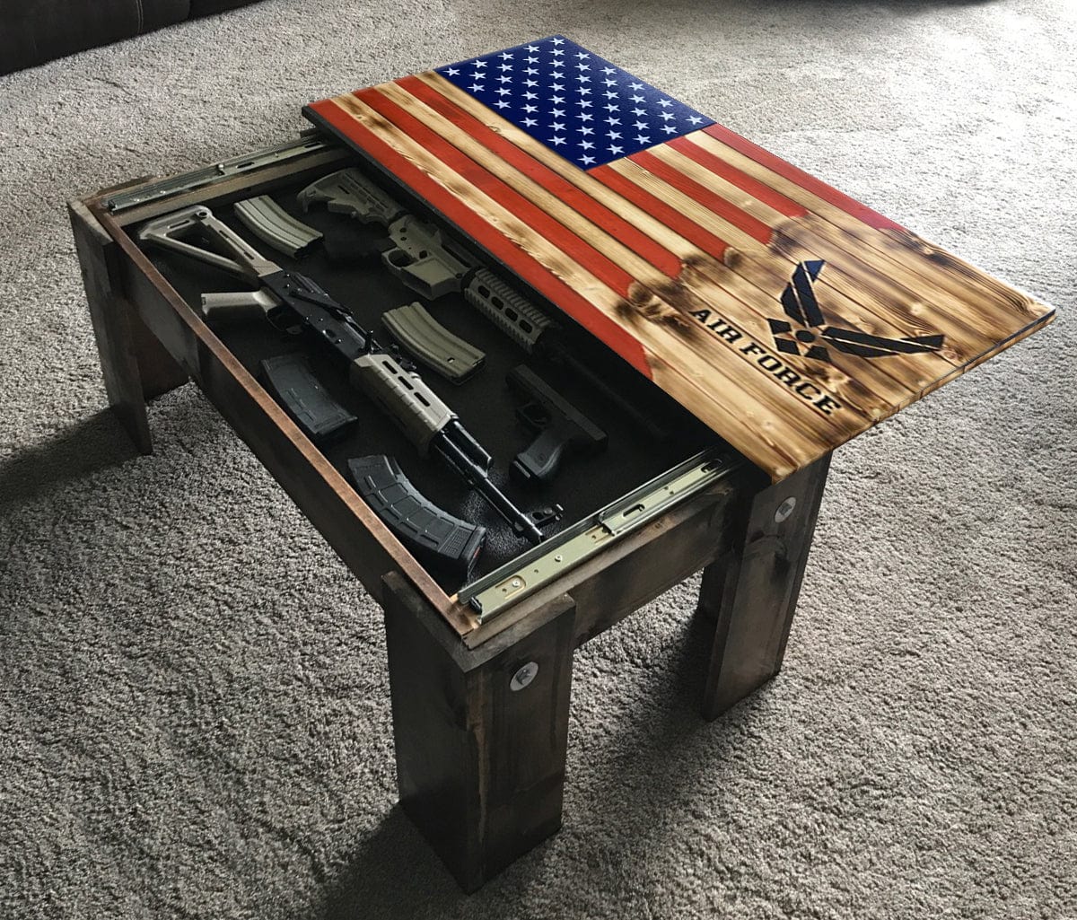 Flag Concealment Coffee Table - Chunky Shelves wooden flag weapons concealment table decor contains a secret compartment for gun storage. Our American flags are rustic home decor that look great in a man cave, office or anywhere you want to conceal your weapons. Protect Your Shelves!