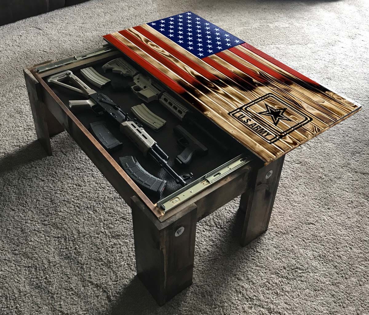 Flag Concealment Coffee Table - Chunky Shelves wooden flag weapons concealment table decor contains a secret compartment for gun storage. Our American flags are rustic home decor that look great in a man cave, office or anywhere you want to conceal your weapons. Protect Your Shelves!