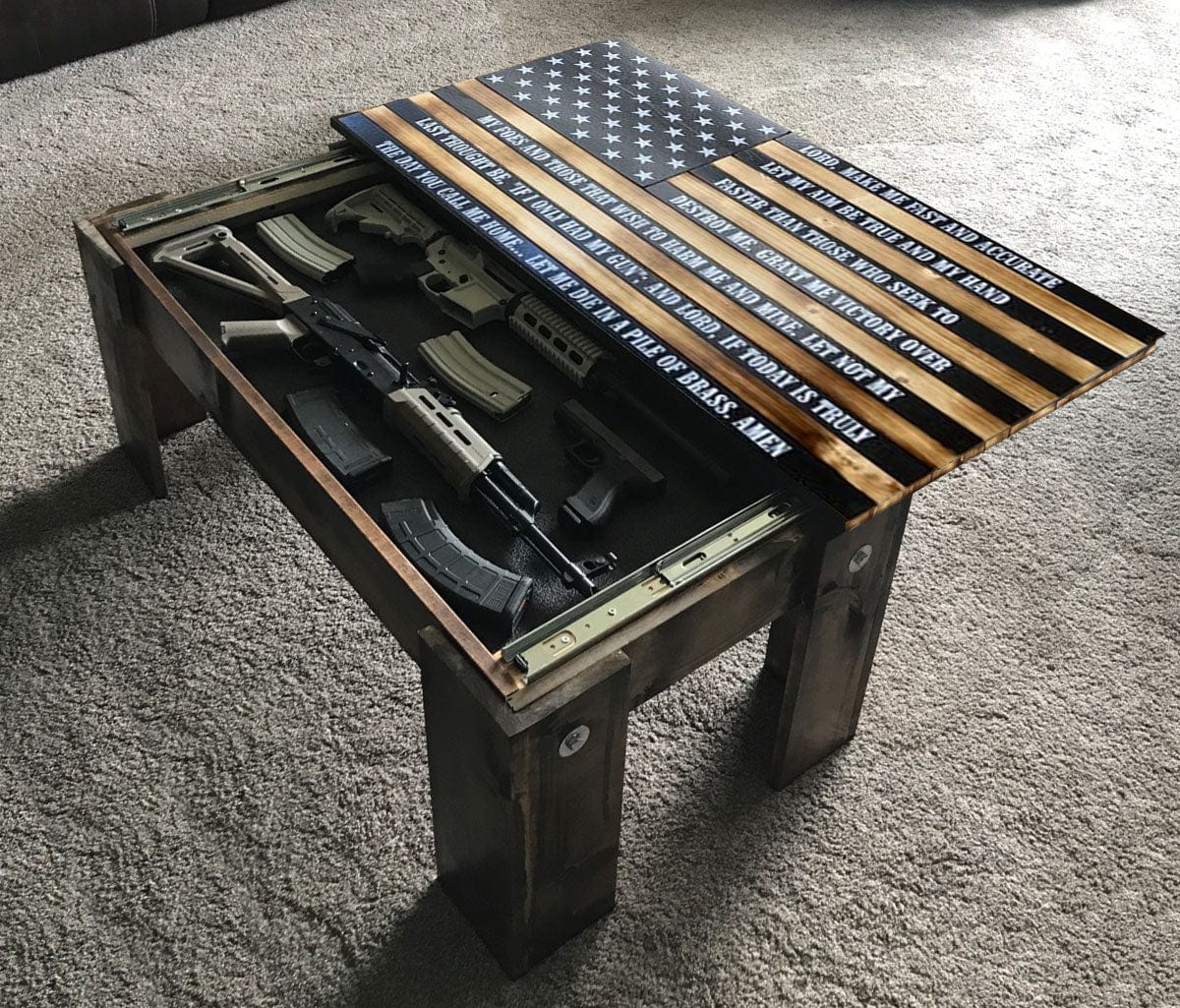 Flag Concealment Coffee Table - Chunky Shelves wooden flag weapons concealment table decor contains a secret compartment for gun storage. Our American flags are rustic home decor that look great in a man cave, office or anywhere you want to conceal your weapons. Protect Your Shelves!