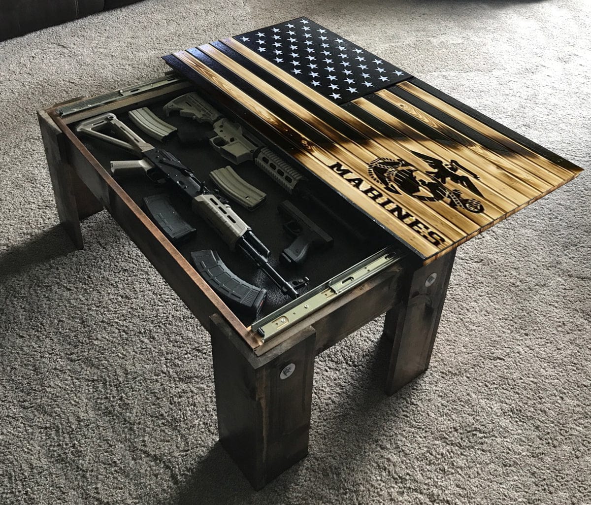 Flag Concealment Coffee Table - Chunky Shelves wooden flag weapons concealment table decor contains a secret compartment for gun storage. Our American flags are rustic home decor that look great in a man cave, office or anywhere you want to conceal your weapons. Protect Your Shelves!