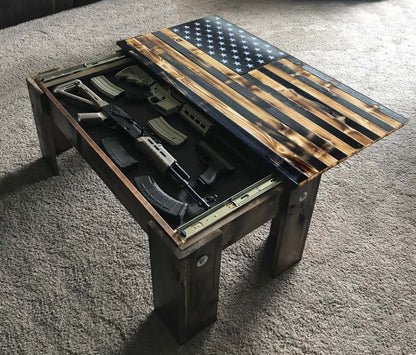 Flag Concealment Coffee Table - Chunky Shelves wooden flag weapons concealment table decor contains a secret compartment for gun storage. Our American flags are rustic home decor that look great in a man cave, office or anywhere you want to conceal your weapons. Protect Your Shelves!