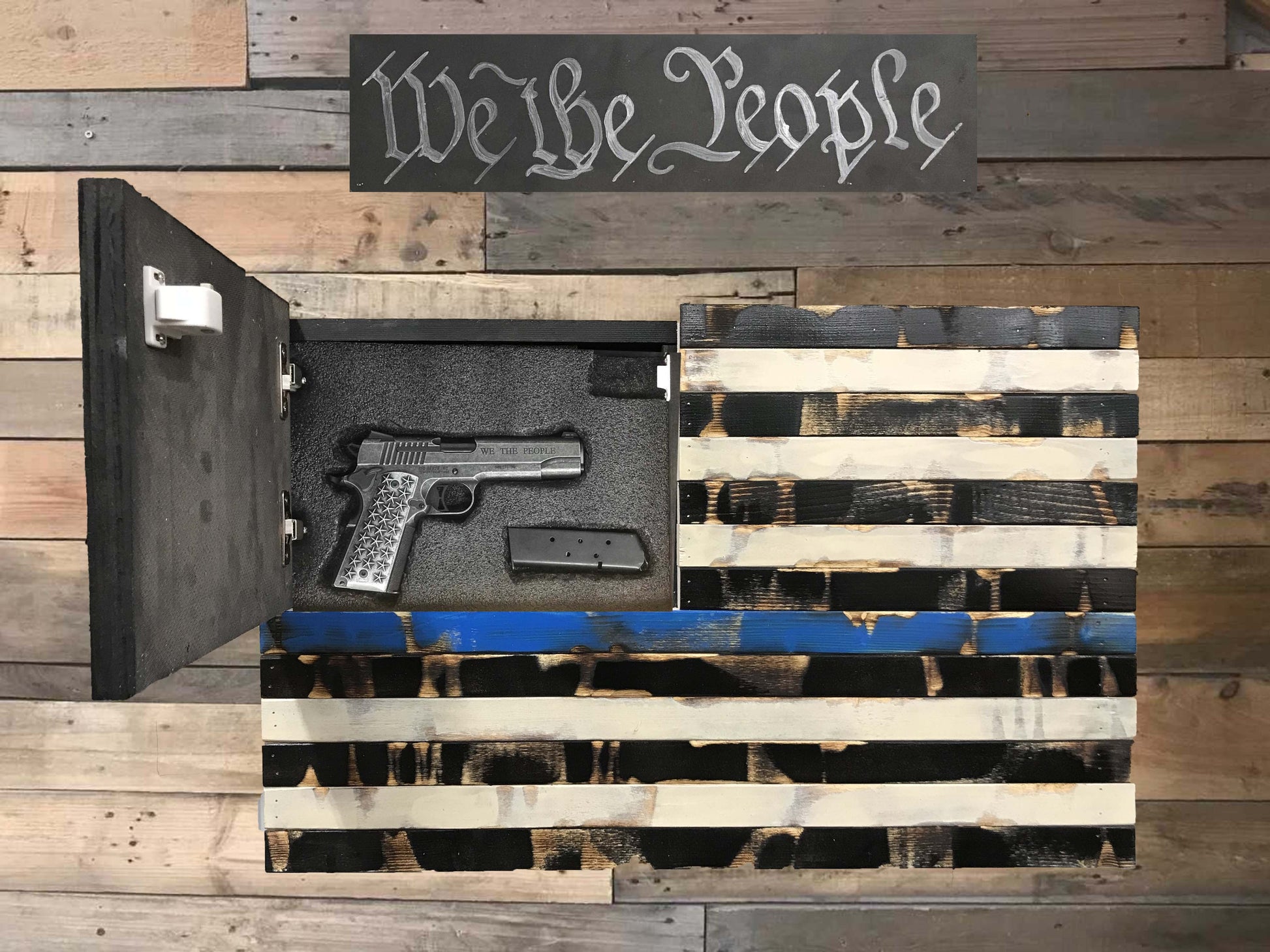 Distressed Thin Blue / Green / Red Line Concealment Flag - ProtectYOURshelves - Chunky Shelves wooden flag weapons concealment wall decor contains a secret compartment for gun storage. Our American flags are rustic home decor that look great in a man cave, office or anywhere you want to conceal your weapons. Protect Your Shelves!