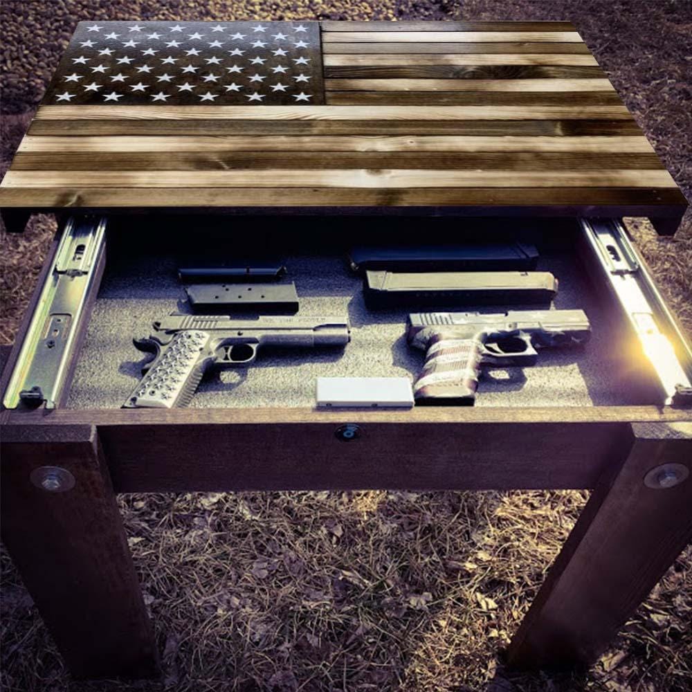 Concealment End Tables - Chunky Shelves wooden flag weapons concealment table decor contains a secret compartment for gun storage. Our American flags are rustic home decor that look great in a man cave, office or anywhere you want to conceal your weapons. Protect Your Shelves!