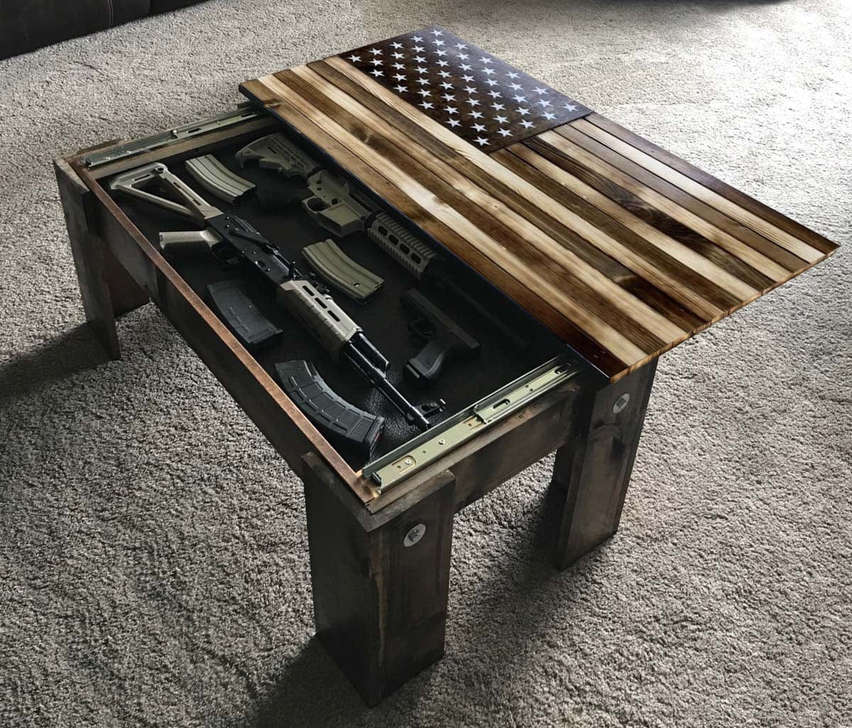 Flag Concealment Coffee Table - Chunky Shelves wooden flag weapons concealment table decor contains a secret compartment for gun storage. Our American flags are rustic home decor that look great in a man cave, office or anywhere you want to conceal your weapons. Protect Your Shelves!