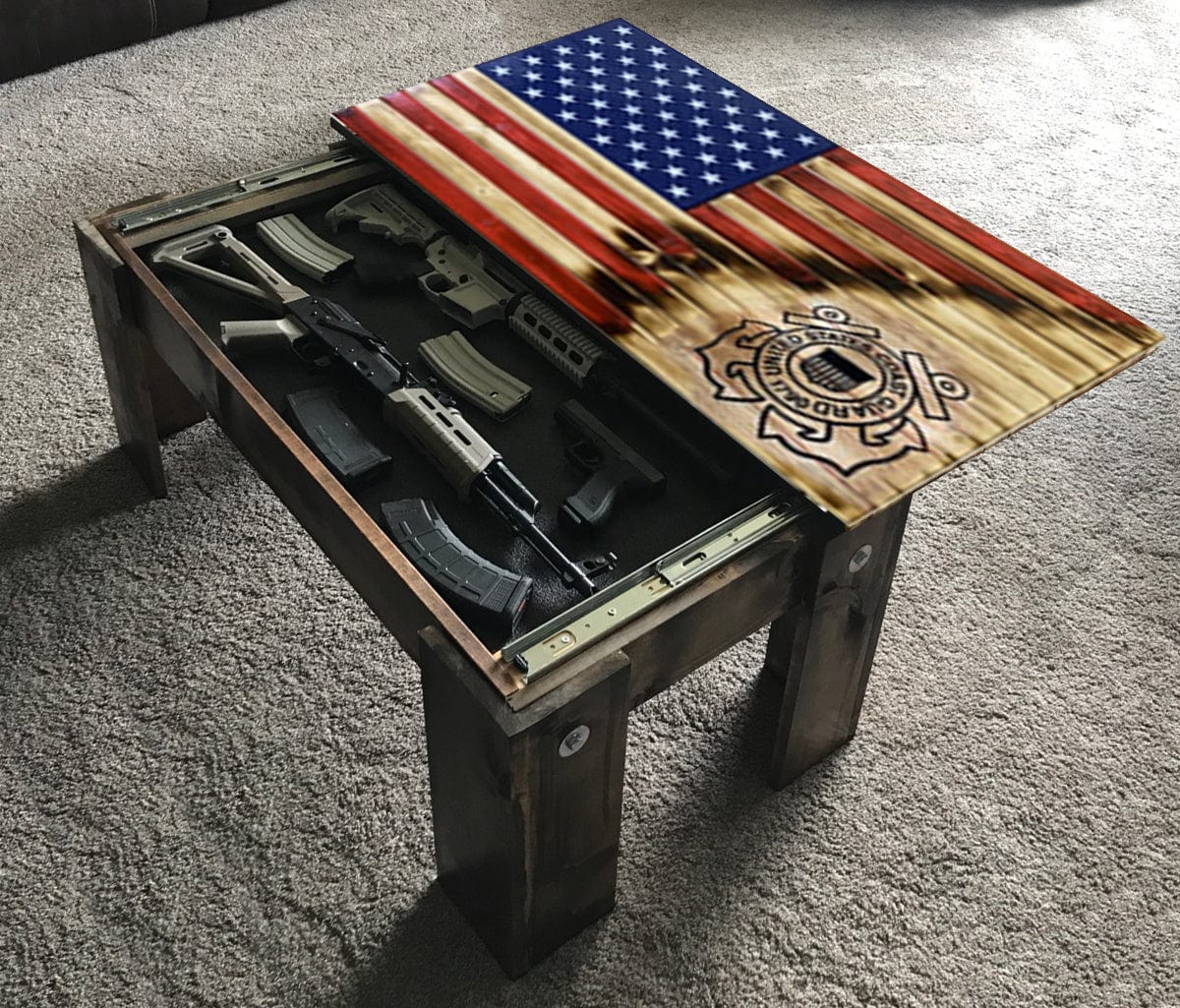 Flag Concealment Coffee Table - Chunky Shelves wooden flag weapons concealment table decor contains a secret compartment for gun storage. Our American flags are rustic home decor that look great in a man cave, office or anywhere you want to conceal your weapons. Protect Your Shelves!