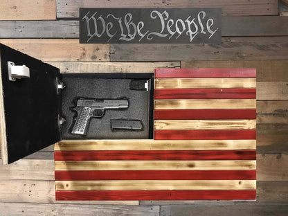 Small Betsy Ross Glossy Burnt American Concealment Flag with Etched Stars - Chunky Shelves wooden flag weapons concealment wall decor contains a secret compartment for gun storage. Our American flags are rustic home decor that look great in a man cave, office or anywhere you want to conceal your weapons. Protect Your Shelves!