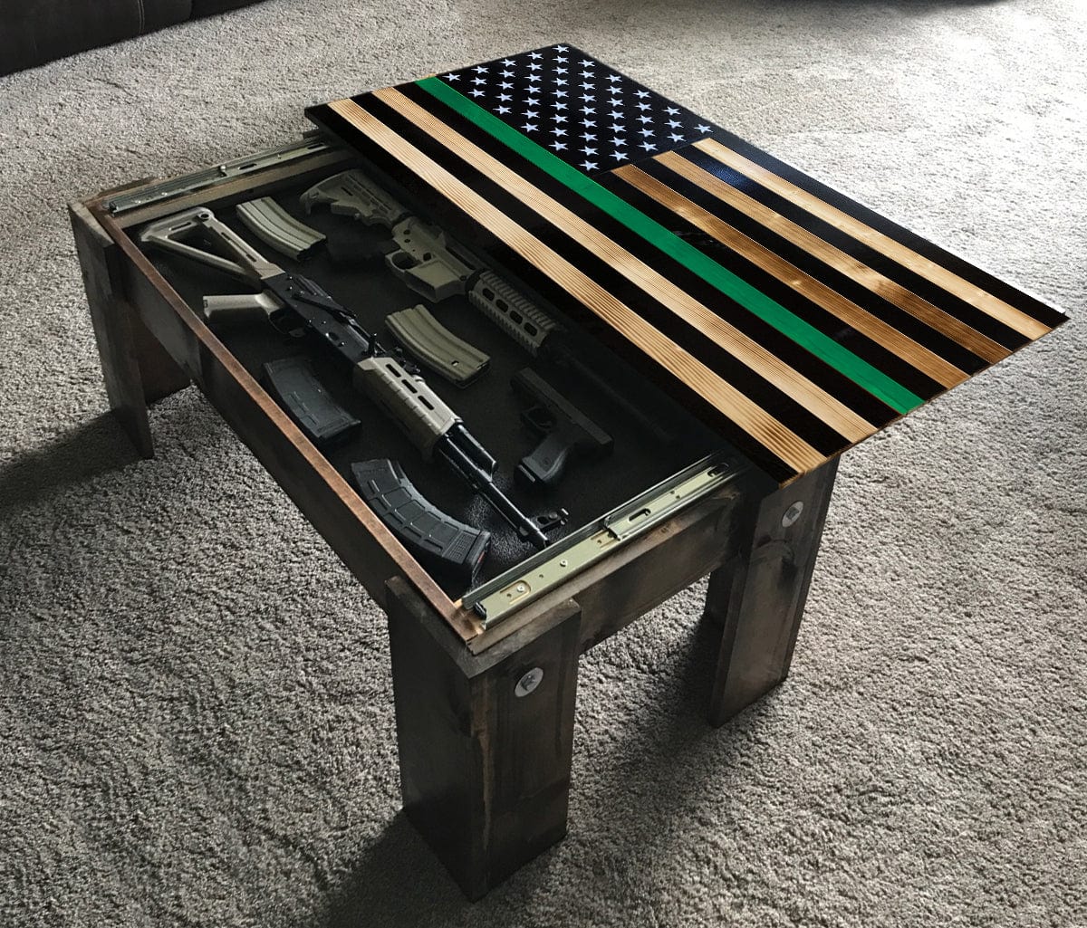 Flag Concealment Coffee Table - Chunky Shelves wooden flag weapons concealment table decor contains a secret compartment for gun storage. Our American flags are rustic home decor that look great in a man cave, office or anywhere you want to conceal your weapons. Protect Your Shelves!