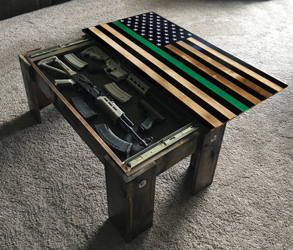 Flag Concealment Coffee Table - Chunky Shelves wooden flag weapons concealment table decor contains a secret compartment for gun storage. Our American flags are rustic home decor that look great in a man cave, office or anywhere you want to conceal your weapons. Protect Your Shelves!