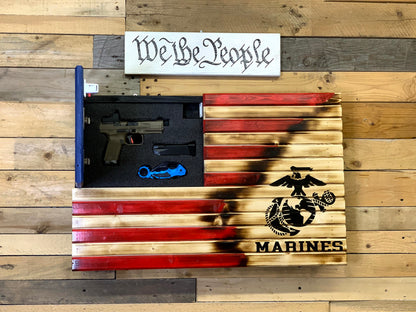 Navy Red Burnt and Blue Torn Away Concealment Flag - Chunky Shelves wooden flag weapons concealment wall decor contains a secret compartment for gun storage. Our American flags are rustic home decor that look great in a man cave, office or anywhere you want to conceal your weapons. Protect Your Shelves!