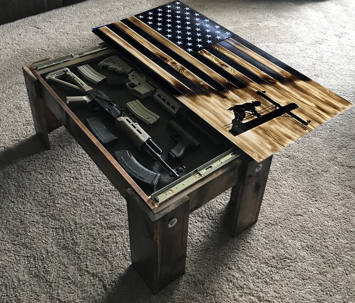 Flag Concealment Coffee Table - Chunky Shelves wooden flag weapons concealment table decor contains a secret compartment for gun storage. Our American flags are rustic home decor that look great in a man cave, office or anywhere you want to conceal your weapons. Protect Your Shelves!