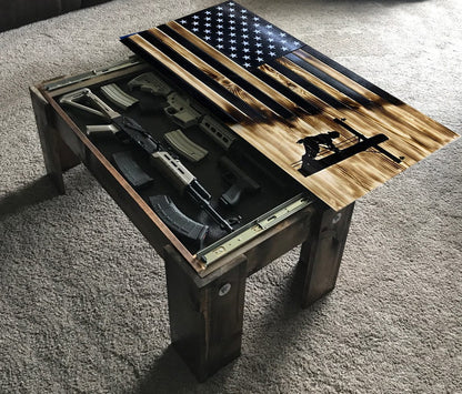 Flag Concealment Coffee Table - Chunky Shelves wooden flag weapons concealment table decor contains a secret compartment for gun storage. Our American flags are rustic home decor that look great in a man cave, office or anywhere you want to conceal your weapons. Protect Your Shelves!