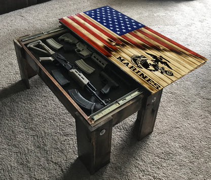 Flag Concealment Coffee Table - Chunky Shelves wooden flag weapons concealment table decor contains a secret compartment for gun storage. Our American flags are rustic home decor that look great in a man cave, office or anywhere you want to conceal your weapons. Protect Your Shelves!