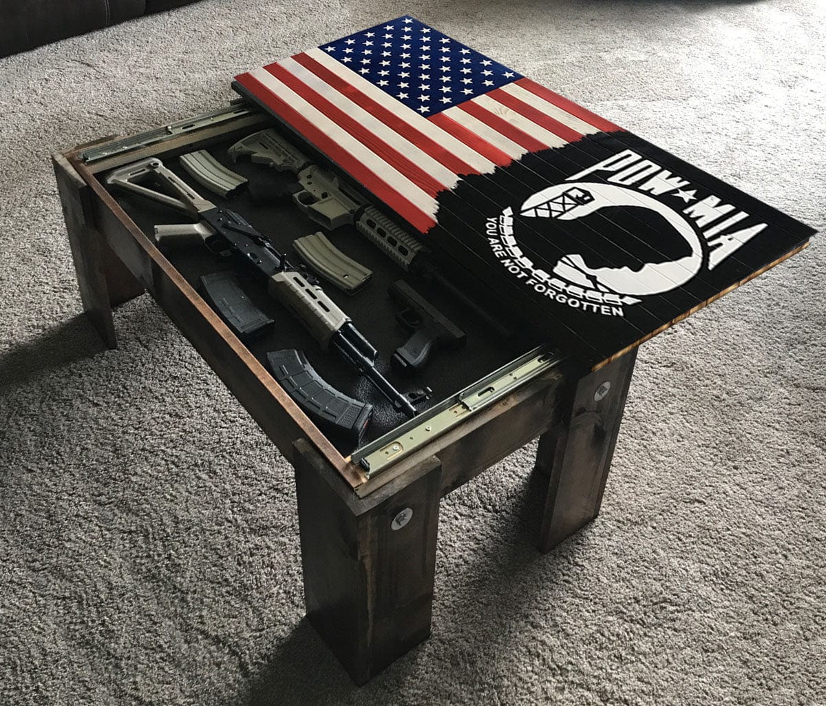 Flag Concealment Coffee Table - Chunky Shelves wooden flag weapons concealment table decor contains a secret compartment for gun storage. Our American flags are rustic home decor that look great in a man cave, office or anywhere you want to conceal your weapons. Protect Your Shelves!