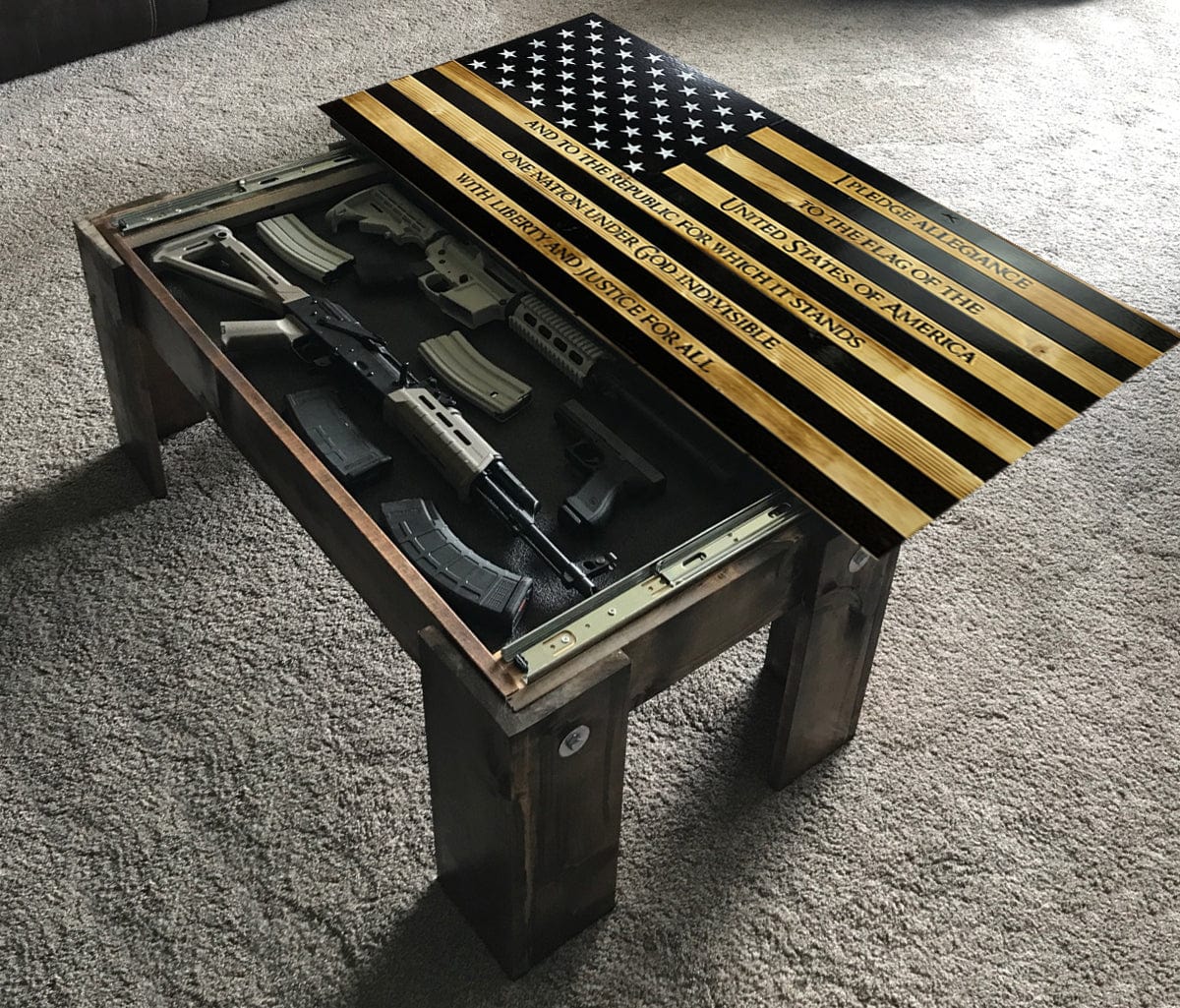 Flag Concealment Coffee Table - Chunky Shelves wooden flag weapons concealment table decor contains a secret compartment for gun storage. Our American flags are rustic home decor that look great in a man cave, office or anywhere you want to conceal your weapons. Protect Your Shelves!