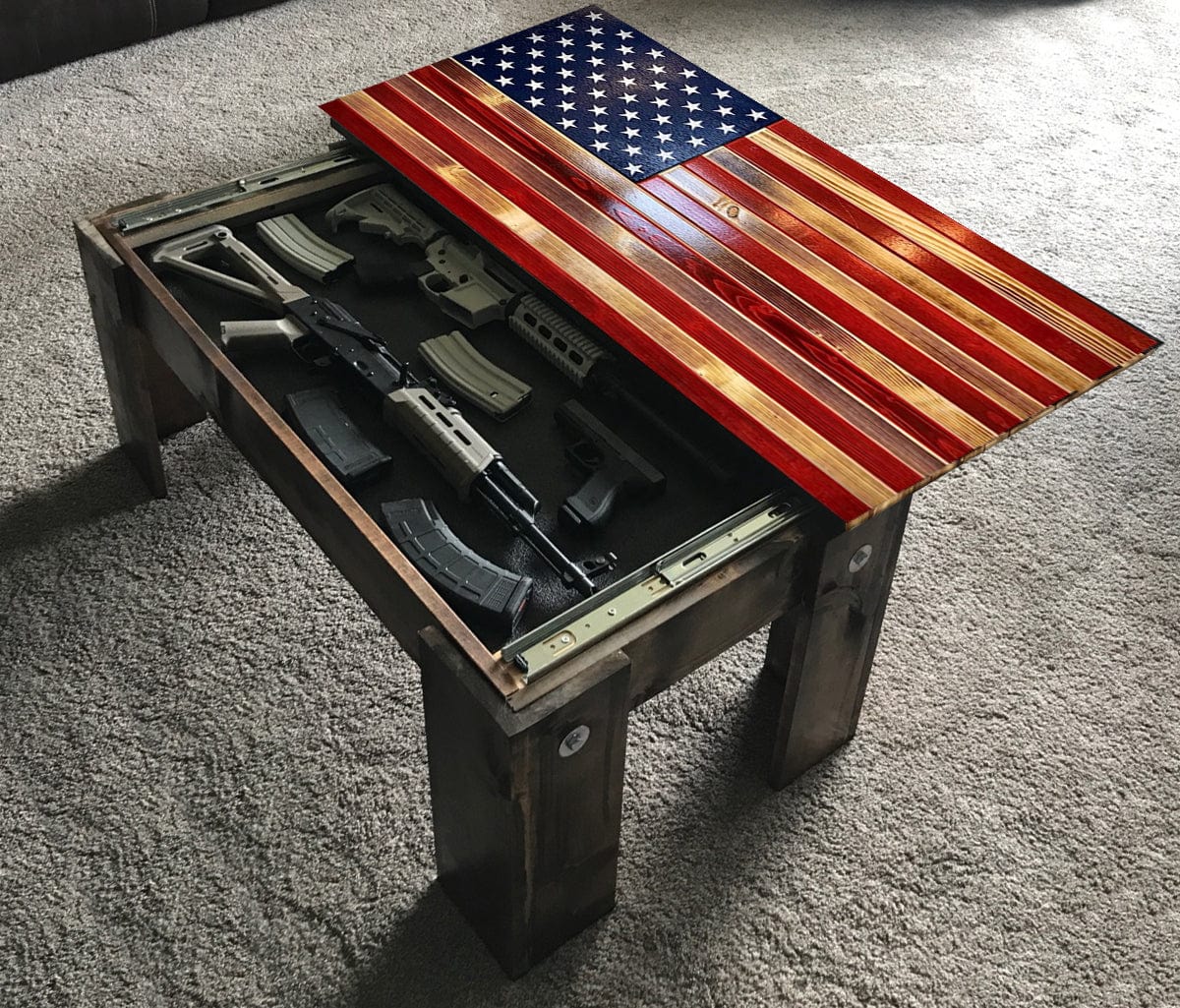 Flag Concealment Coffee Table - Chunky Shelves wooden flag weapons concealment table decor contains a secret compartment for gun storage. Our American flags are rustic home decor that look great in a man cave, office or anywhere you want to conceal your weapons. Protect Your Shelves!