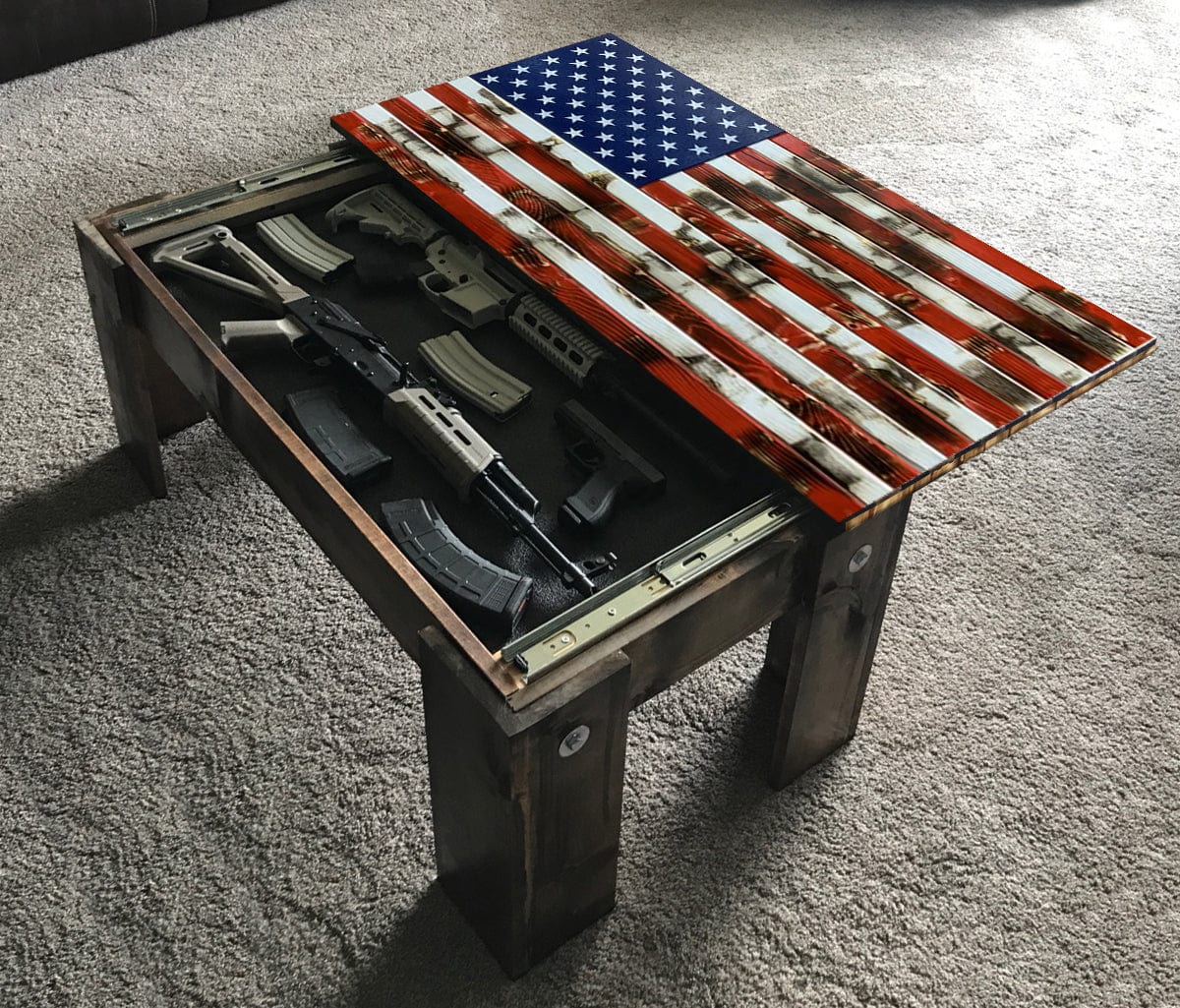 Flag Concealment Coffee Table - Chunky Shelves wooden flag weapons concealment table decor contains a secret compartment for gun storage. Our American flags are rustic home decor that look great in a man cave, office or anywhere you want to conceal your weapons. Protect Your Shelves!