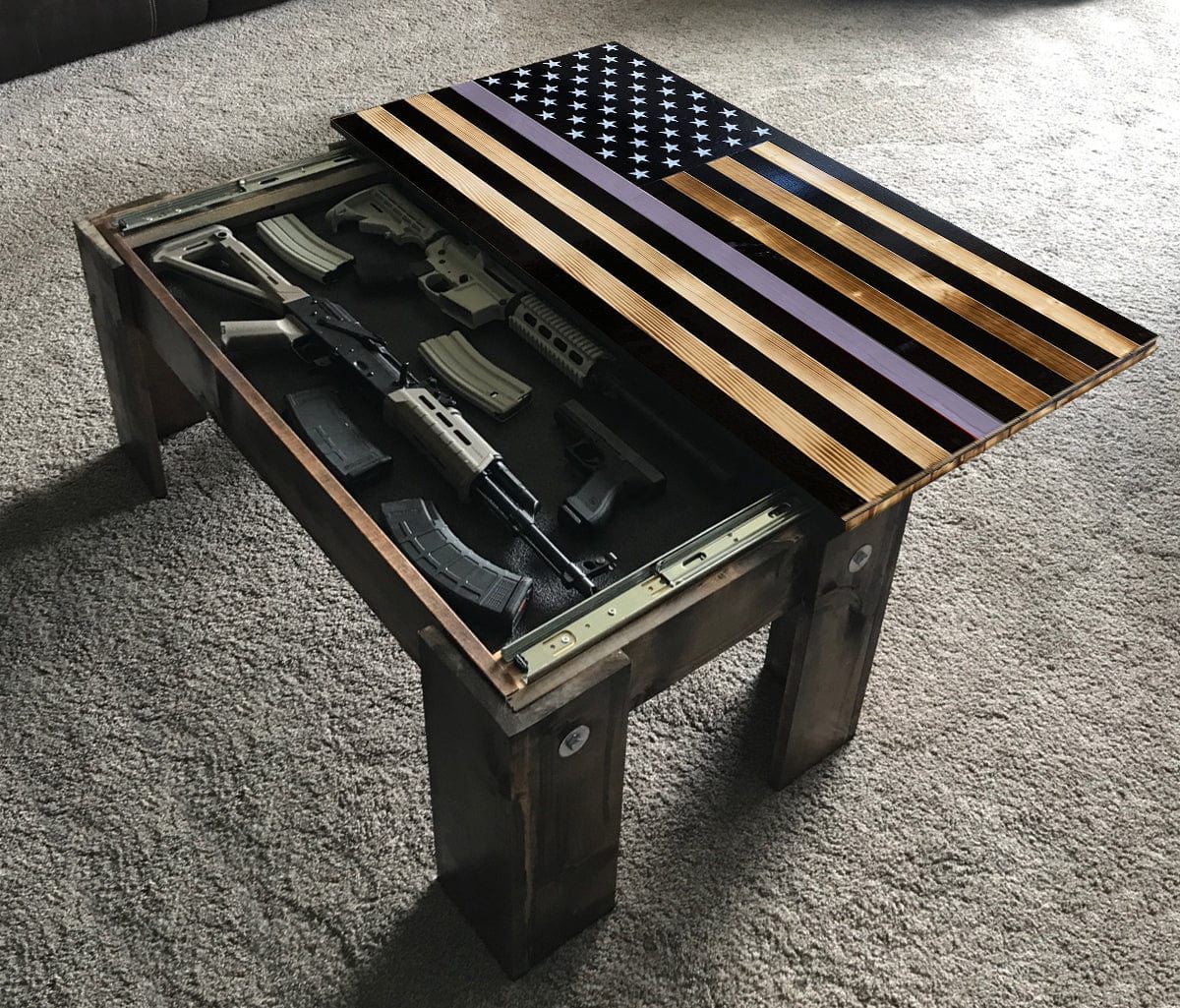 Flag Concealment Coffee Table - Chunky Shelves wooden flag weapons concealment table decor contains a secret compartment for gun storage. Our American flags are rustic home decor that look great in a man cave, office or anywhere you want to conceal your weapons. Protect Your Shelves!