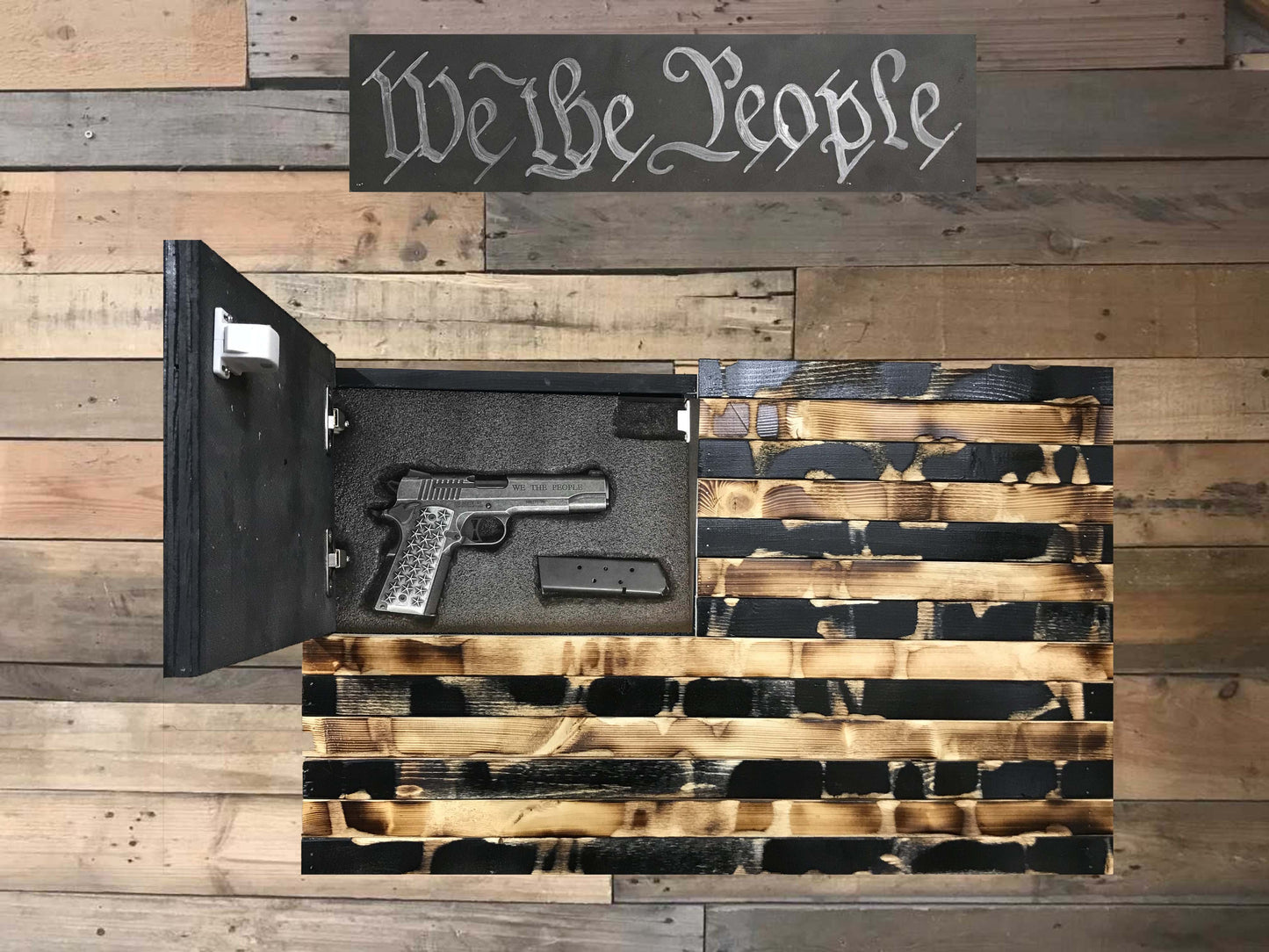 Distressed Black & Burnt Flag with Secret Compartment - ProtectYOURshelves - Chunky Shelves wooden flag weapons concealment wall decor contains a secret compartment for gun storage. Our American flags are rustic home decor that look great in a man cave, office or anywhere you want to conceal your weapons. Protect Your Shelves!