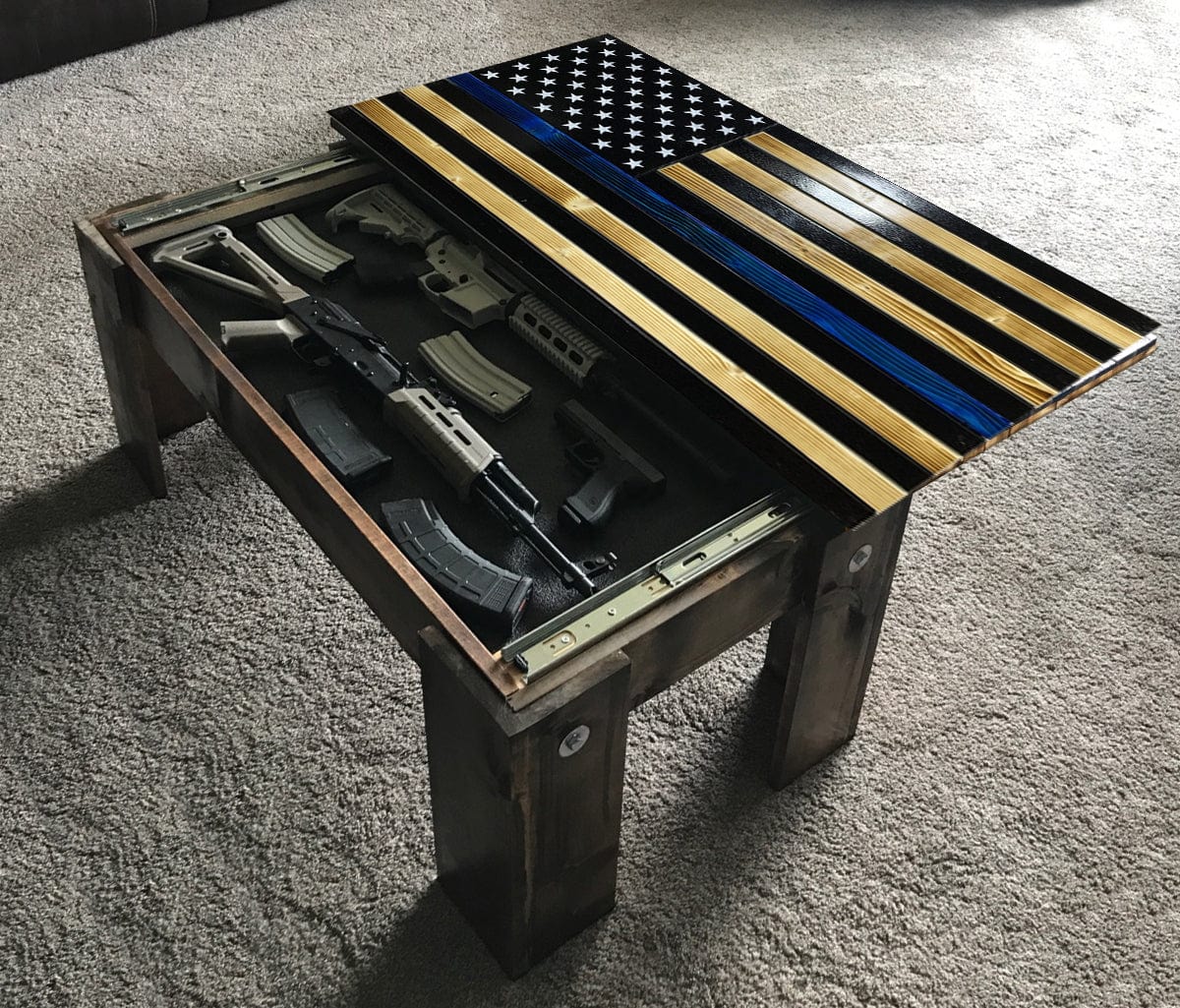 Flag Concealment Coffee Table - Chunky Shelves wooden flag weapons concealment table decor contains a secret compartment for gun storage. Our American flags are rustic home decor that look great in a man cave, office or anywhere you want to conceal your weapons. Protect Your Shelves!