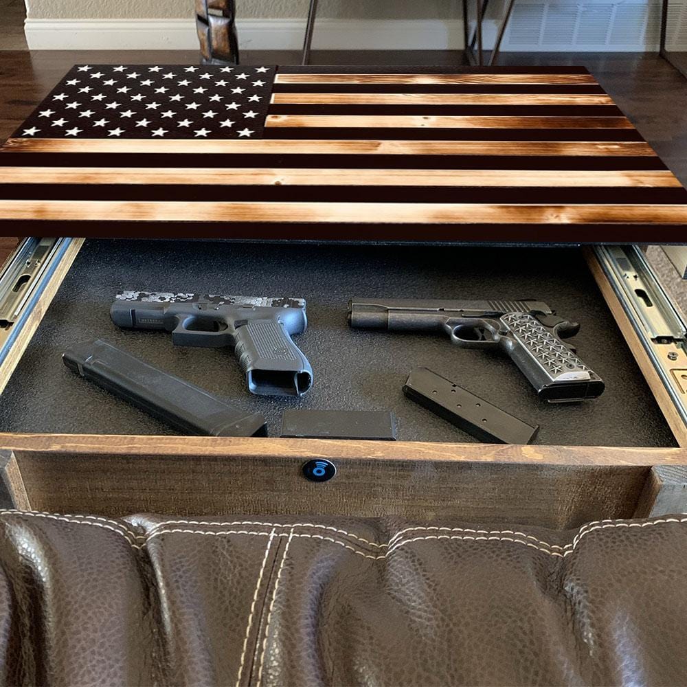 Concealment End Tables - Chunky Shelves wooden flag weapons concealment table decor contains a secret compartment for gun storage. Our American flags are rustic home decor that look great in a man cave, office or anywhere you want to conceal your weapons. Protect Your Shelves!