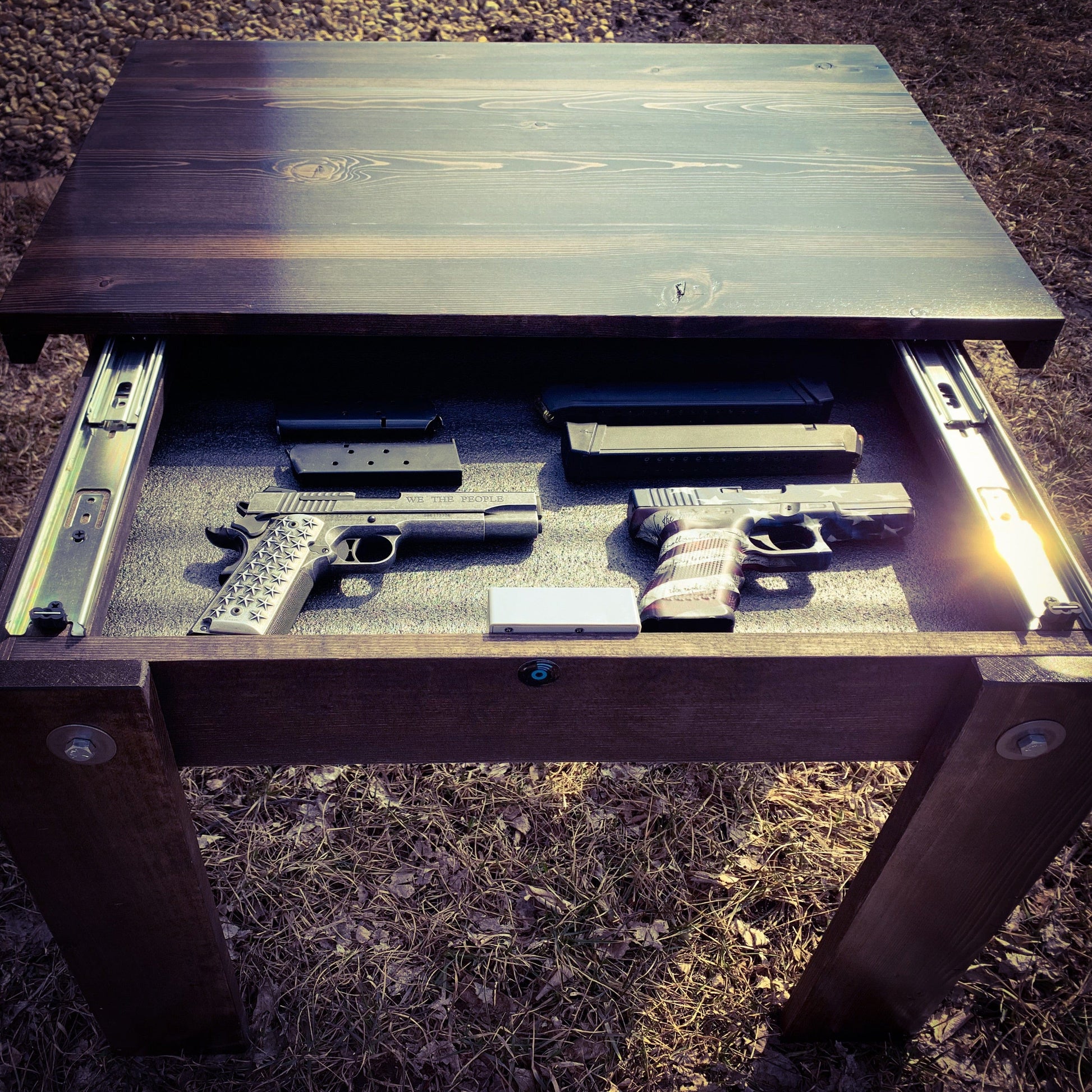 Expresso Concealment end table - ProtectYOURshelves - Chunky Shelves wooden flag weapons concealment table decor contains a secret compartment for gun storage. Our American flags are rustic home decor that look great in a man cave, office or anywhere you want to conceal your weapons. Protect Your Shelves!