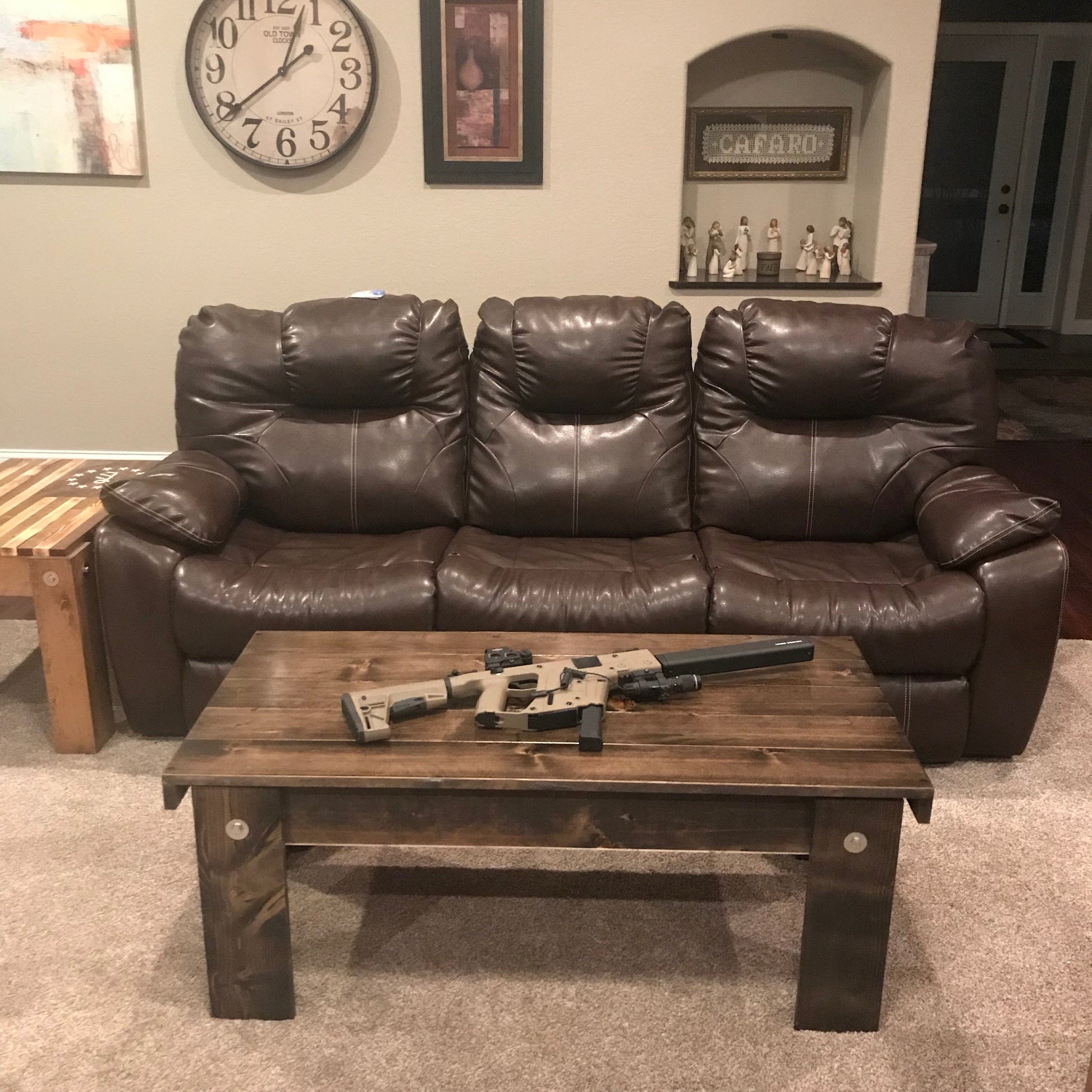 Espresso Concealment table - ProtectYOURshelves - Chunky Shelves wooden flag weapons concealment table decor contains a secret compartment for gun storage. Our American flags are rustic home decor that look great in a man cave, office or anywhere you want to conceal your weapons. Protect Your Shelves!