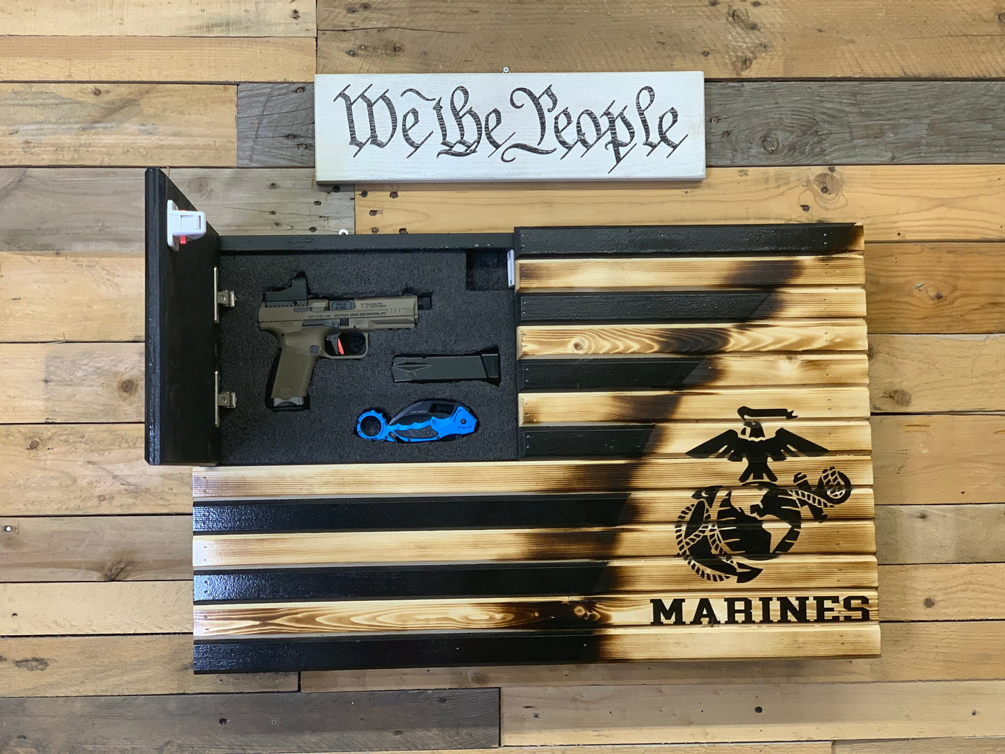 Small Marine Black Wall Mount American Flag - Chunky Shelves wooden flag weapons concealment wall decor contains a secret compartment for gun storage. Our American flags are rustic home decor that look great in a man cave, office or anywhere you want to conceal your weapons. Protect Your Shelves!