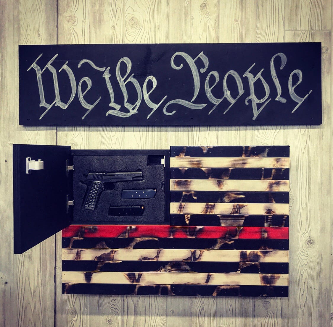 Distressed Thin Blue / Green / Red Line Concealment Flag - ProtectYOURshelves - Chunky Shelves wooden flag weapons concealment wall decor contains a secret compartment for gun storage. Our American flags are rustic home decor that look great in a man cave, office or anywhere you want to conceal your weapons. Protect Your Shelves!