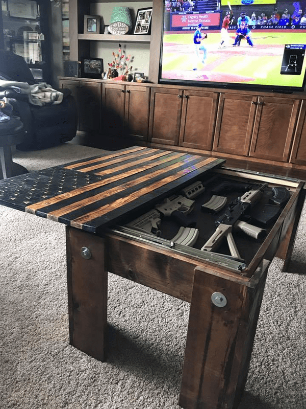 Espresso Concealment table - ProtectYOURshelves - Chunky Shelves wooden flag weapons concealment table decor contains a secret compartment for gun storage. Our American flags are rustic home decor that look great in a man cave, office or anywhere you want to conceal your weapons. Protect Your Shelves!