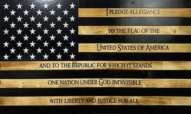 Pledge Large Wall Mount Concealment Flag - Chunky Shelves wooden flag weapons concealment wall decor contains a secret compartment for gun storage. Our American flags are rustic home decor that look great in a man cave, office or anywhere you want to conceal your weapons. Protect Your Shelves!