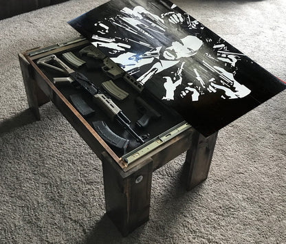 Flag Concealment Coffee Table - Chunky Shelves wooden flag weapons concealment table decor contains a secret compartment for gun storage. Our American flags are rustic home decor that look great in a man cave, office or anywhere you want to conceal your weapons. Protect Your Shelves!